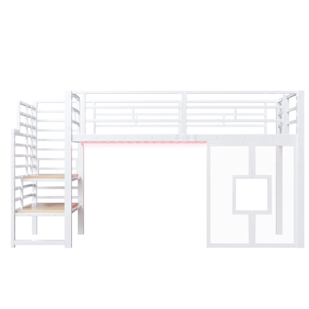 Letto a soppalco in metallo 90 x 200 cm con scala, contenitore, illuminazione LED e finestre - Bianco