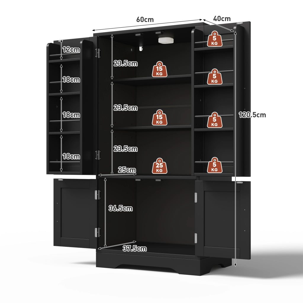 Credenza da cucina alta grande con 4 ante, ripiani regolabili e LED con sensore, in MDF nero, 120 × 60 × 40 cm