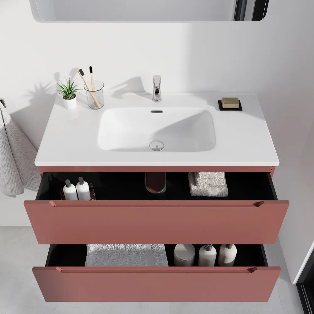 Mobile bagno sospeso 90cm terracotta due cassetti soft-close con lavabo bianco lucido | Bako