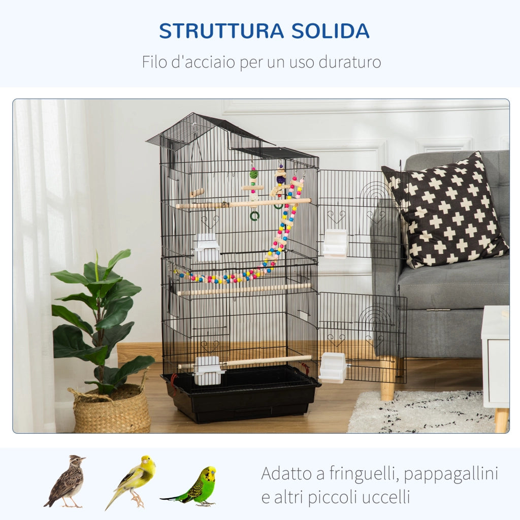 Gabbia per Uccelli con Scaletta, Altalena, Ciotole e Giochi, in Acciaio, PP e Legno, 46x36x100 cm, Nera