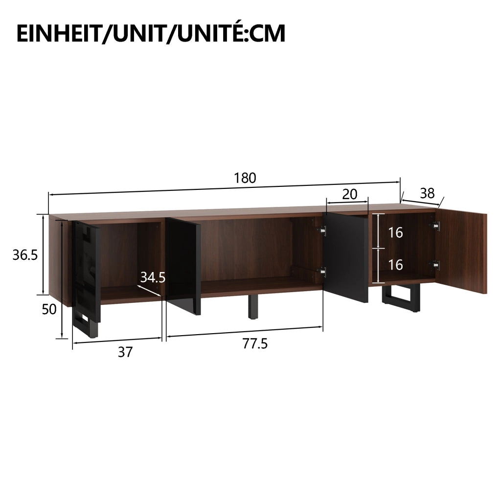 Mobile TV moderno con ante lucide nere e finitura effetto legno, 180 x 38 x 50 cm