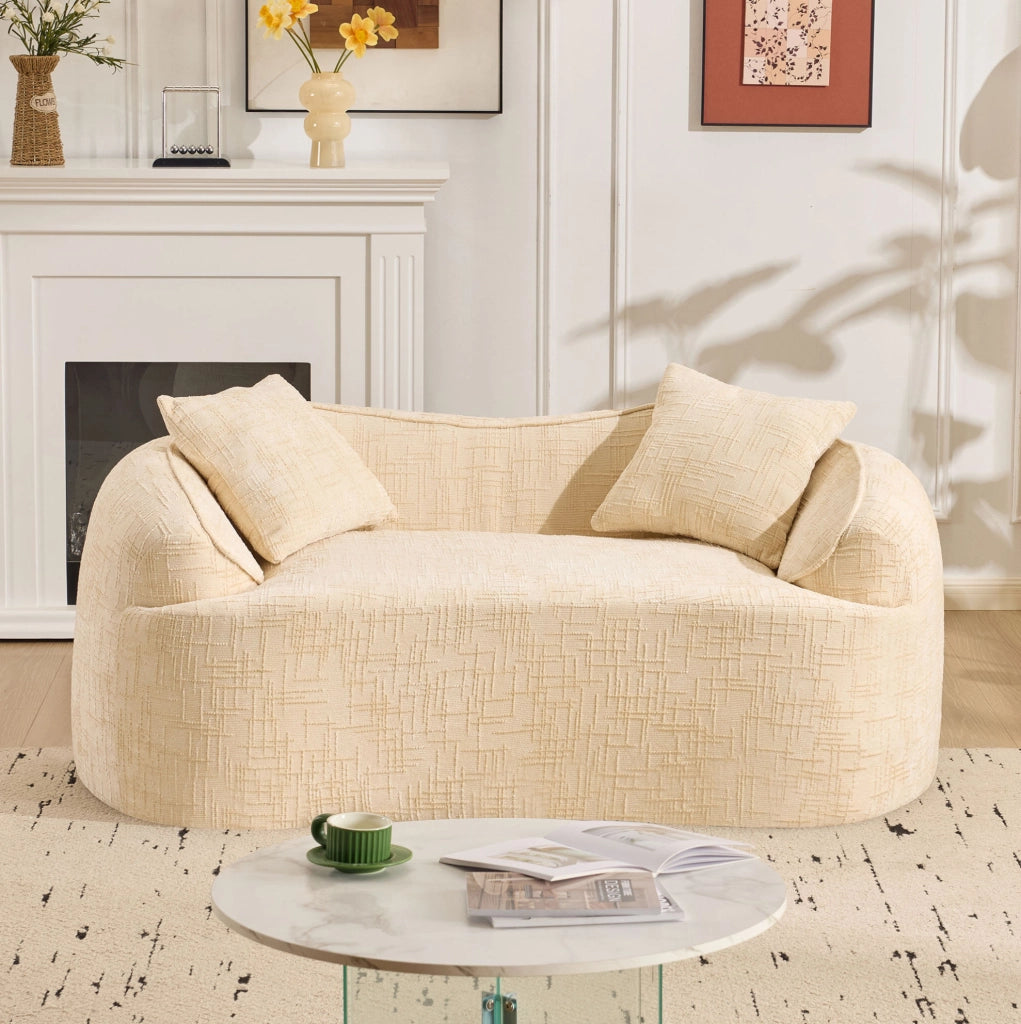 Divano curvo 2 posti con braccioli e 2 cuscini; beige
