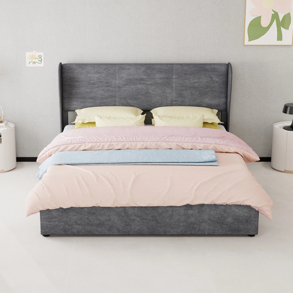 Letto imbottito moderno 160x200 cm con testiera in velluto grigio e base contenitore con meccanismo a gas