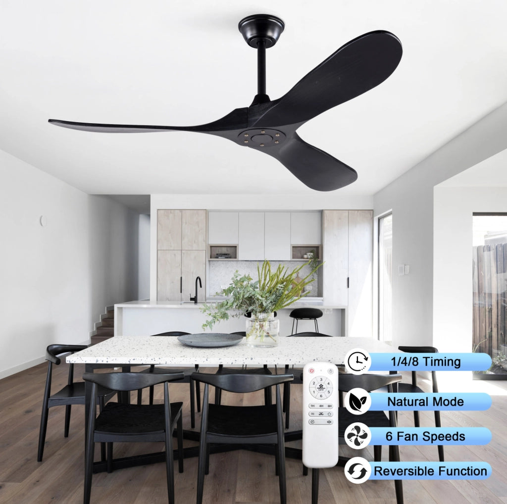 Ventilatore a soffitto 52" nero con 3 pale in legno di paulonia, controllo remoto, 6 velocità e funzione reversibile