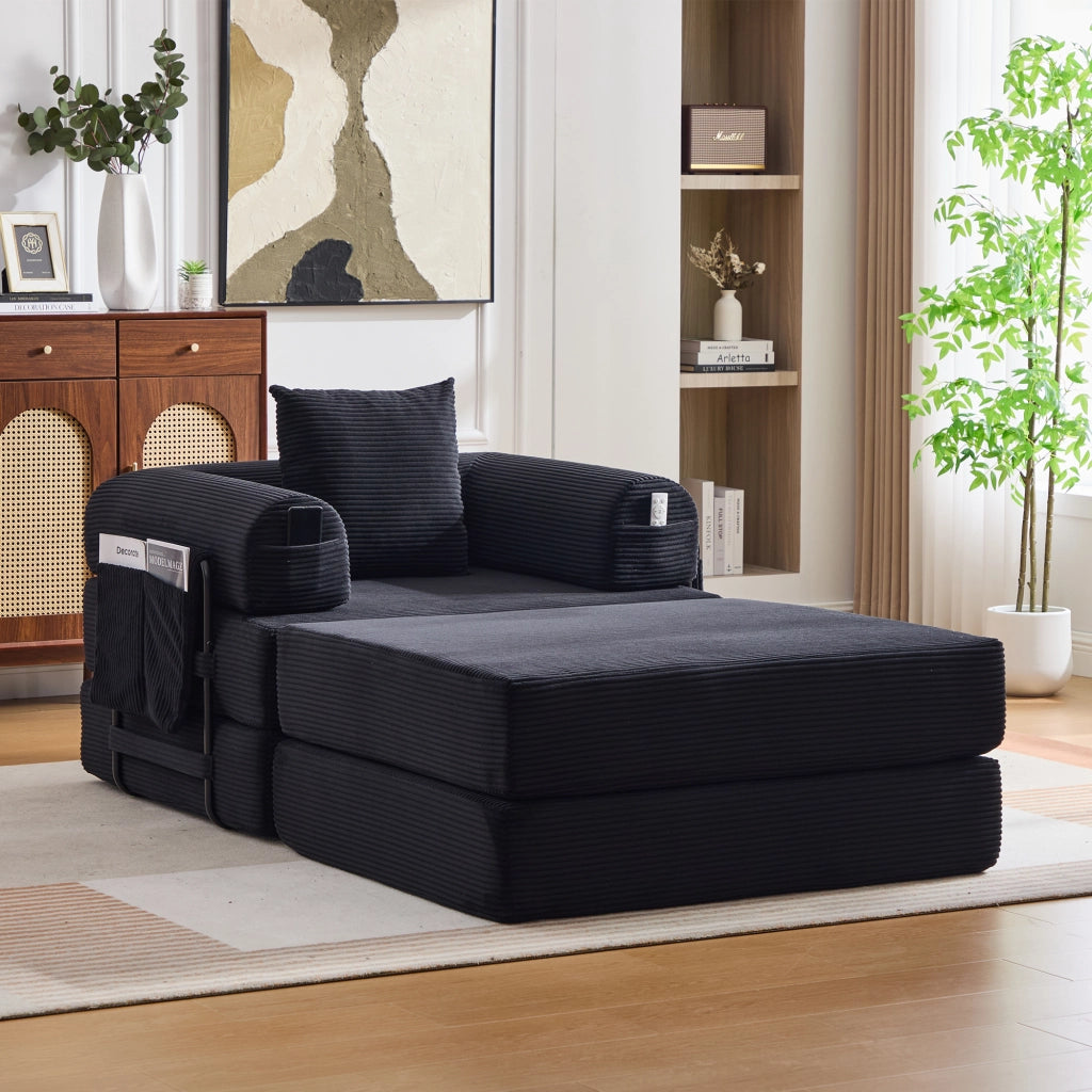 Poltrona modulare con pouf - con tasca laterale e cuscino - in ciniglia nera