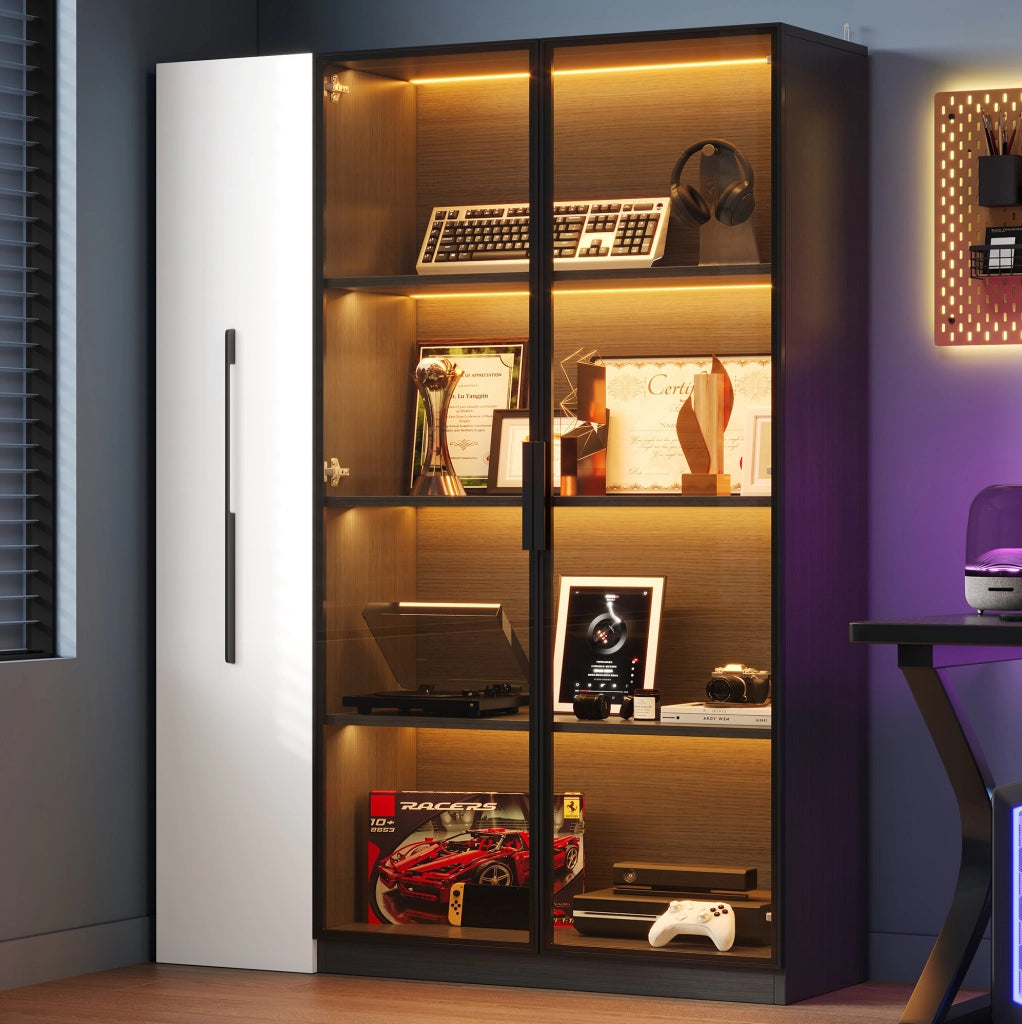 Vetrina LED 110;5x35x160 cm con anta in vetro e vano estraibile in MDF; nera
