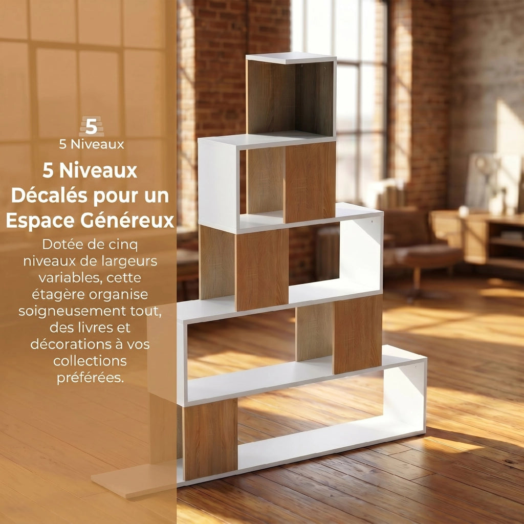 Libreria 5 Livelli ¨C Minimal ¨C Bianco e Legno Naturale 80x30x