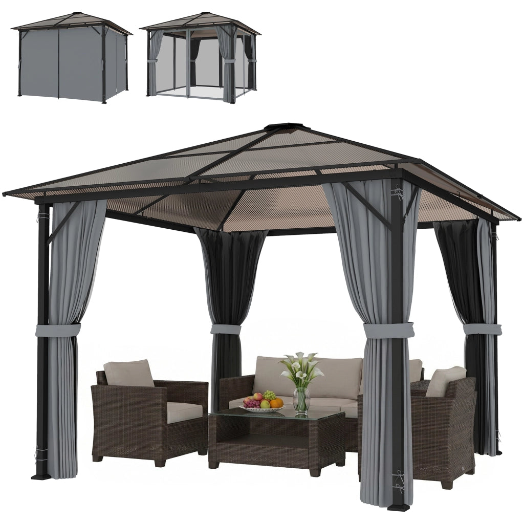 Gazebo da giardino 3 x 3 m con tetto in policarbonato, struttura in alluminio grigio scuro e tende con zanzariera, resistente e pratico