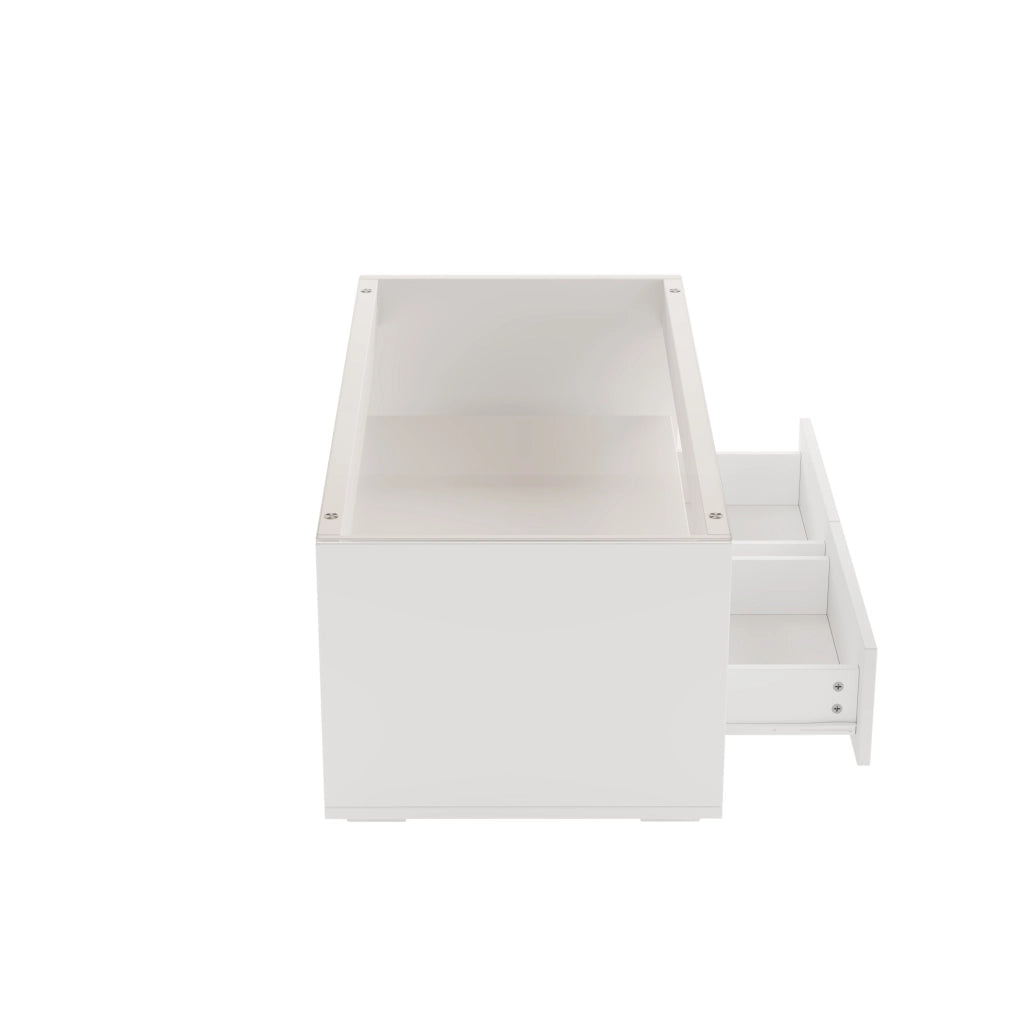 Tavolino da caffè moderno 100x50x40 cm bianco lucido con piano in vetro temperato, 2 ampi cassetti e illuminazione LED controllabile via app