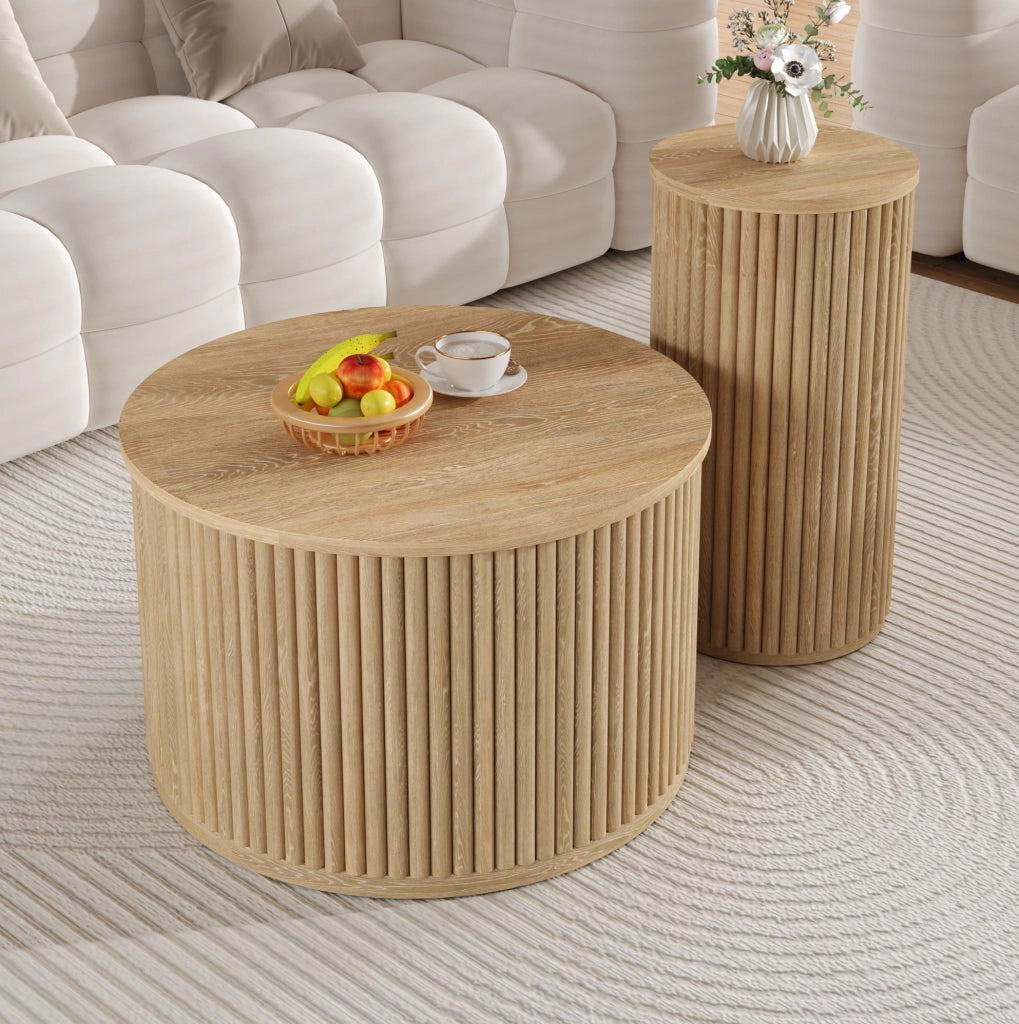 Set di 2 tavolini da salotto rotondi in MDF naturale con motivo a listelli verticali