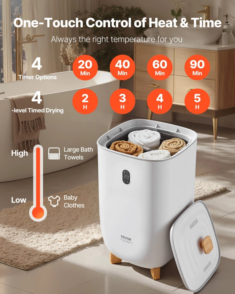 Scaldasalviette a Secchio 35 L Bianco con Schermo LED e Timer Regolabile E1672 per Casa e Bagno Pratico e Portatile