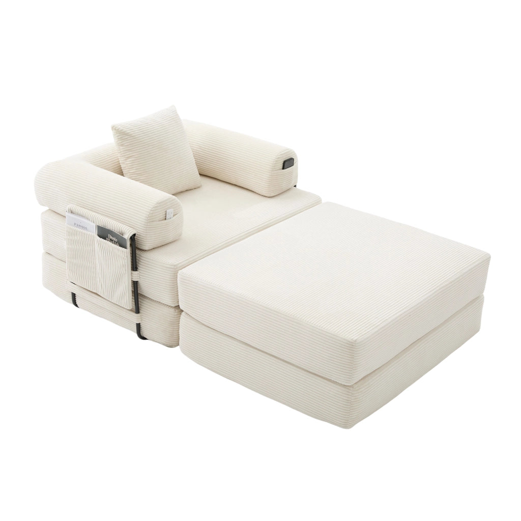 Divano modulare con tasca laterale e cuscino in velluto a coste beige