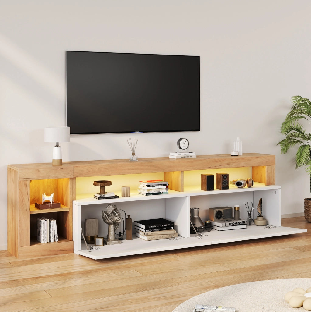 Mobile TV moderno 184x42x58 cm con LED; finitura bianco e legno; in truciolare
