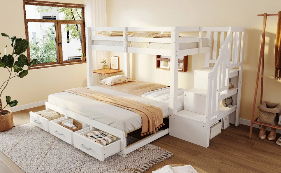 Letto a castello in legno massiccio 90x200 cm con letto estraibile 90/180x190 cm, scala con cassetti, bianco