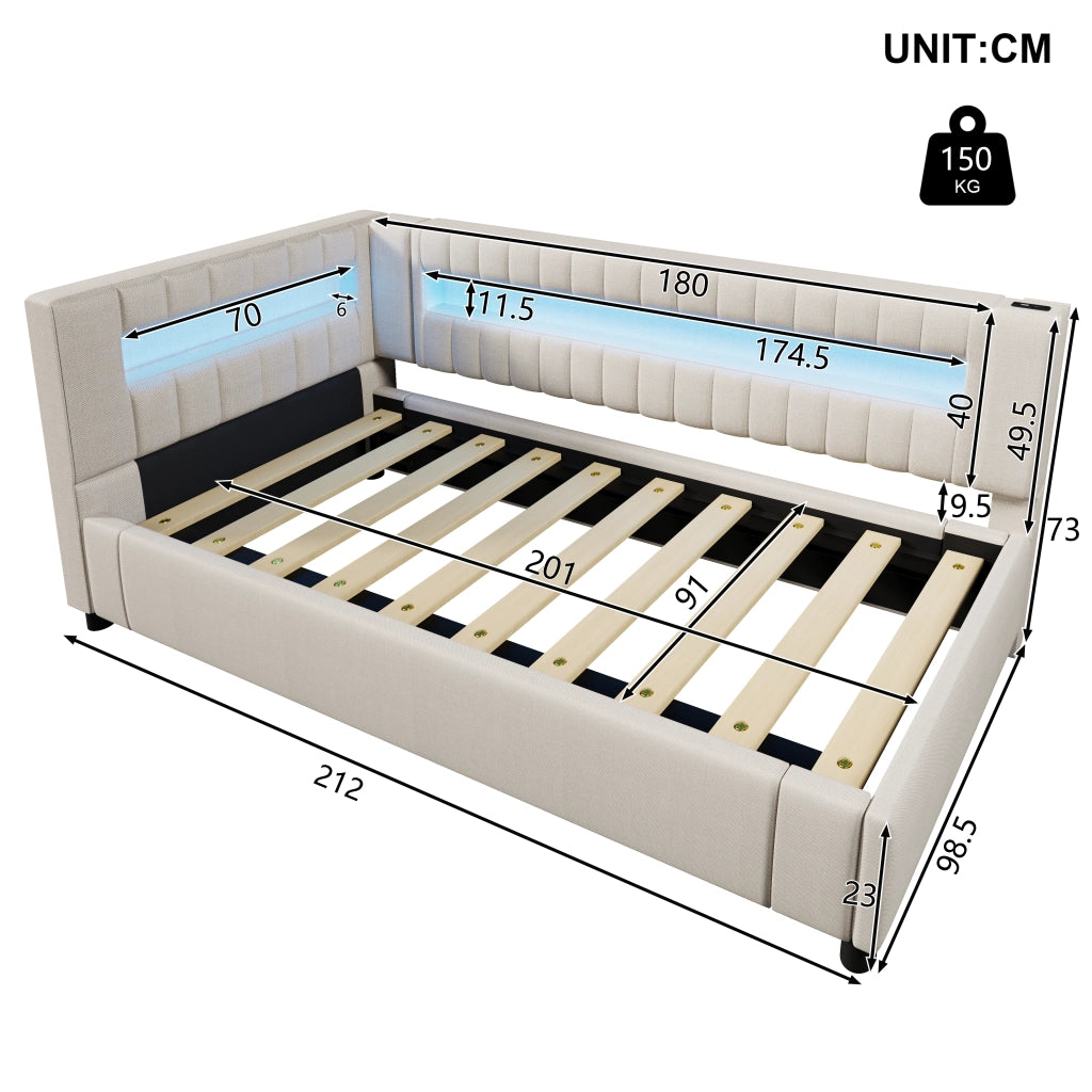 Letto divano 90x200 cm con contenitore con contenitore idraulico; LED; luce ai piedi; USB e Type-C; lino; beige