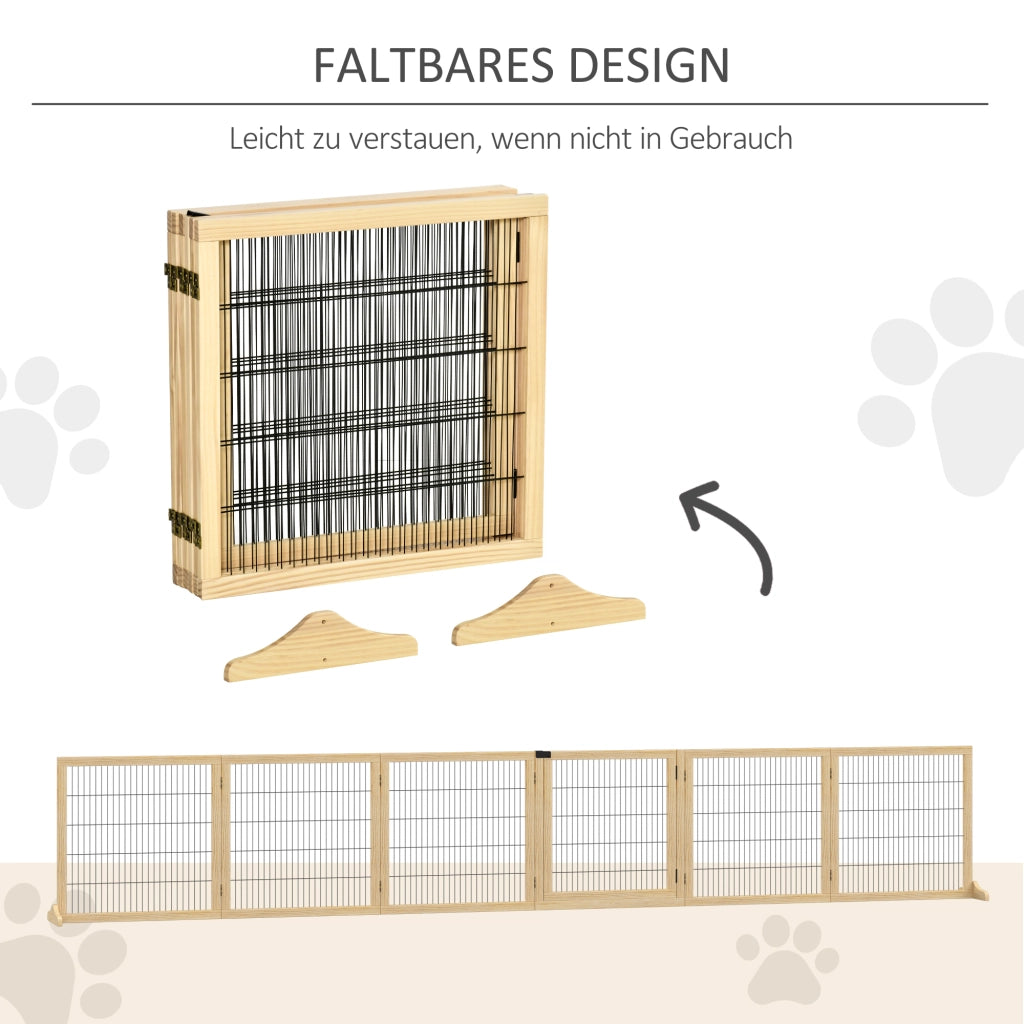 Cancelletto pieghevole per cani in legno di pino e acciaio con piedi di supporto naturale 432 × 36 × 70 cm