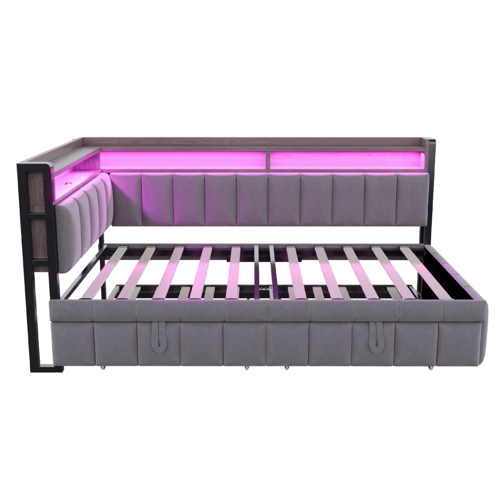 Divano letto estraibile 90x200 cm con LED, USB e USB-C in velluto grigio scuro