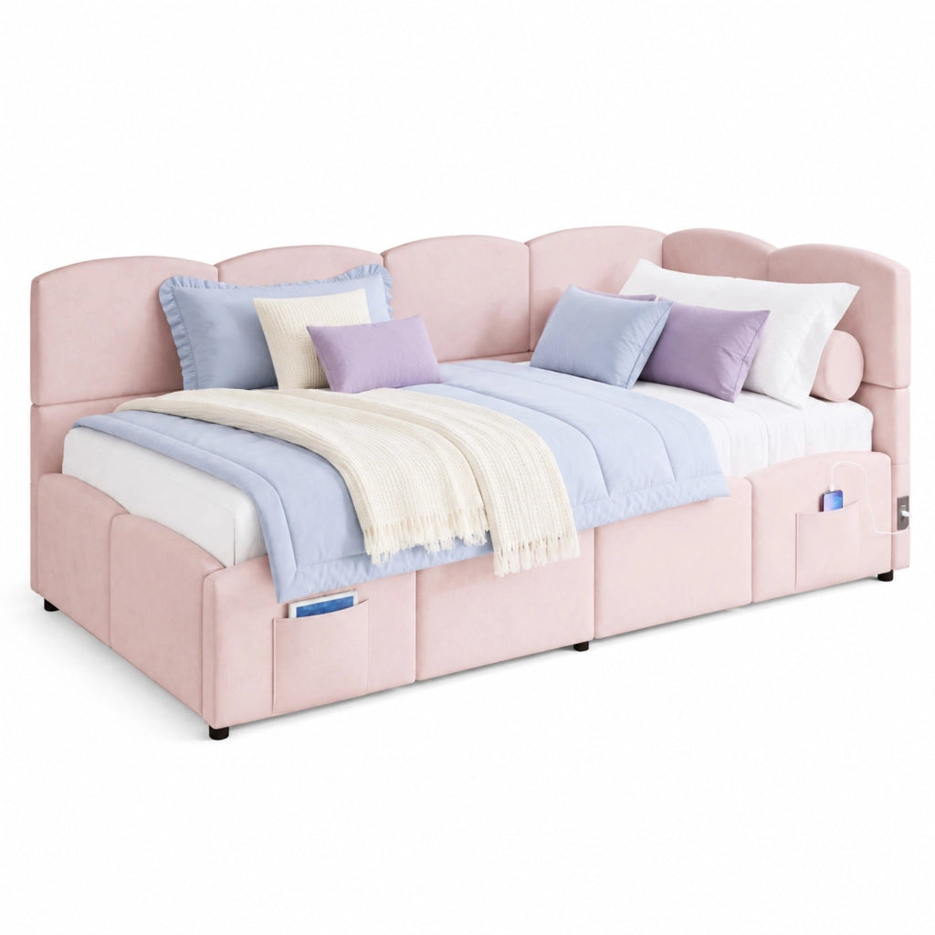 Letto contenitore multifunzione 90x200 cm in velluto rosa con ricarica USB e tasche laterali
