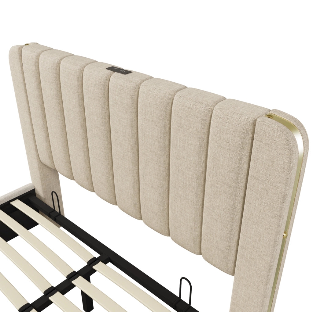 Letto 140x200 cm con contenitore idraulico, USB e USB-C, rivestimento in lino beige