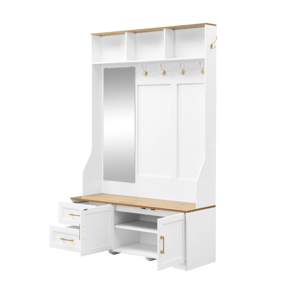 Mobile guardaroba con LED; specchio; ganci e cassetti; 120 x 40 x 187 cm; MDF; bianco ed effetto legno