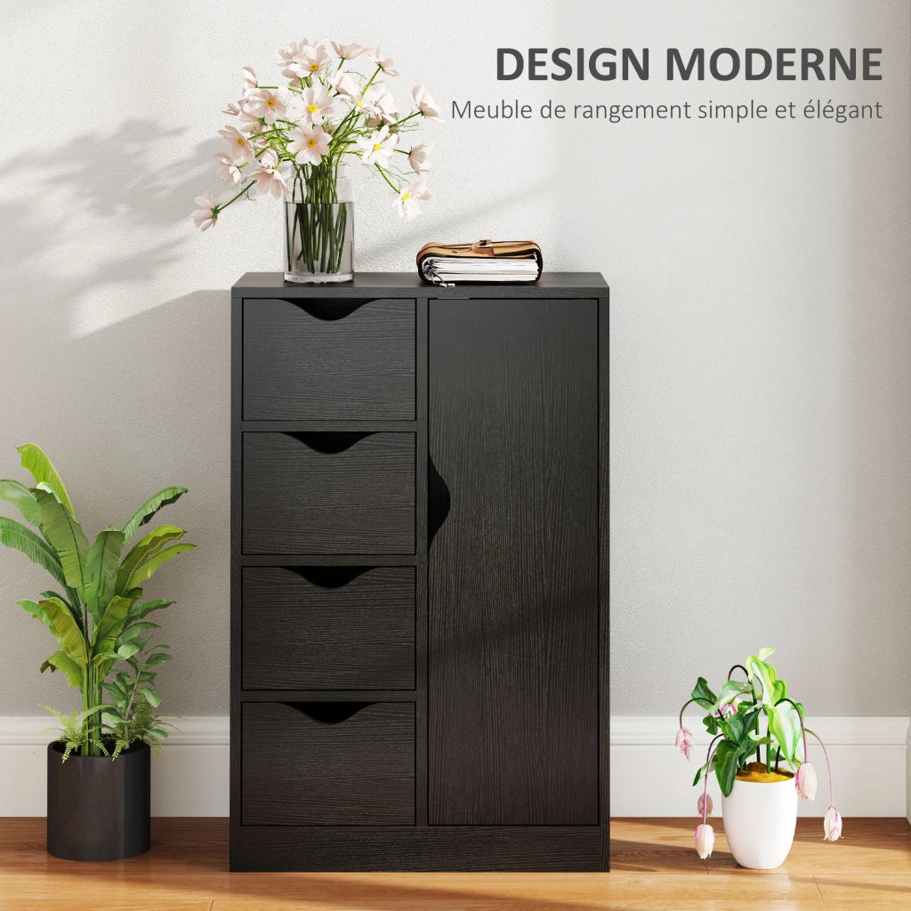 Credenza in legno con 1 anta e 4 cassetti, mobile contenitore nero salvaspazio per soggiorno e cucina, robusto
