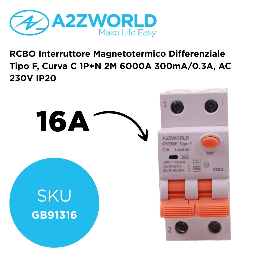 RCBO Interruttore Magnetotermico Differenziale Tipo F, Curva C 1P+N 2M 6000A 300mA/0.3A, AC 230V IP20 Corrente Disponibili 16A 20A 25A 32A (C16A)