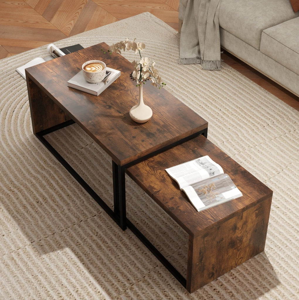 Set di 2 tavolini da salotto impilabili 90 x 48 x 42 cm legno marrone, metallo