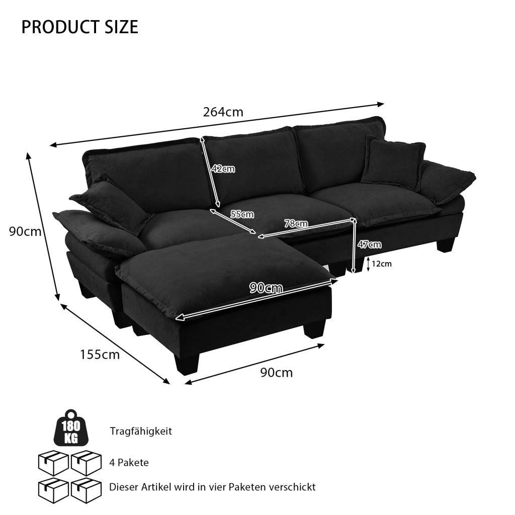 Divano Angolare Modulare con Ottomane ¨C MINIMAL ¨C Chenille, Nero, 5 Posti
