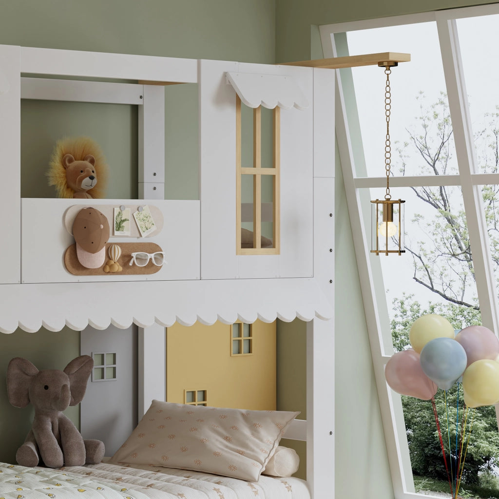 Letto a castello per bambini 90 × 200 cm con scala contenitore in legno e MDF bianco e naturale con tetto