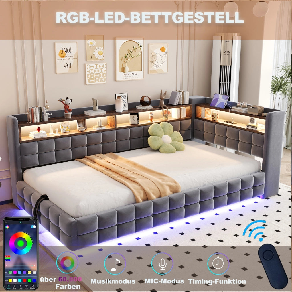 Letto singolo imbottito 90 × 200 cm con contenitore idraulico ripiani in legno LED prese USB Type-C velluto grigio
