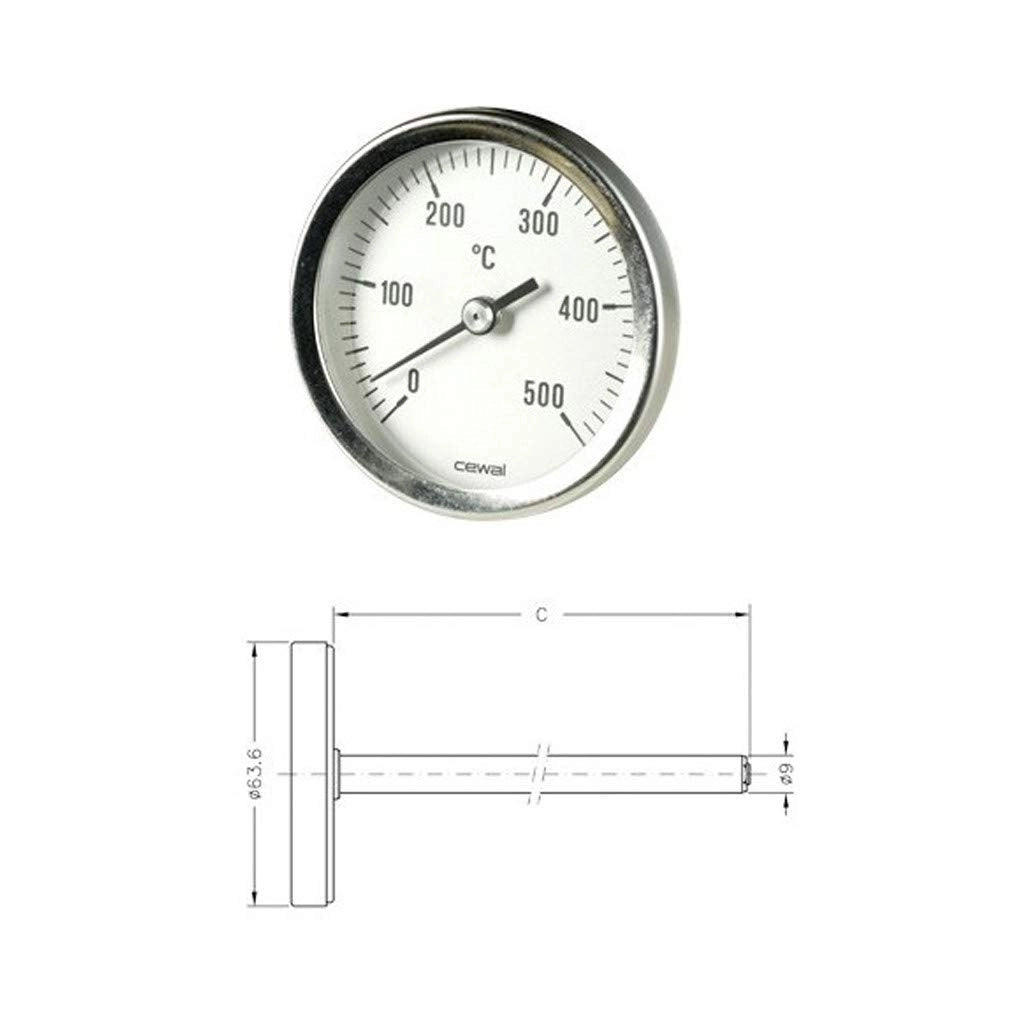 Pirometro Termometro 0-500  ° bimetallico forno stufa camino barbecue 15 cm cewal