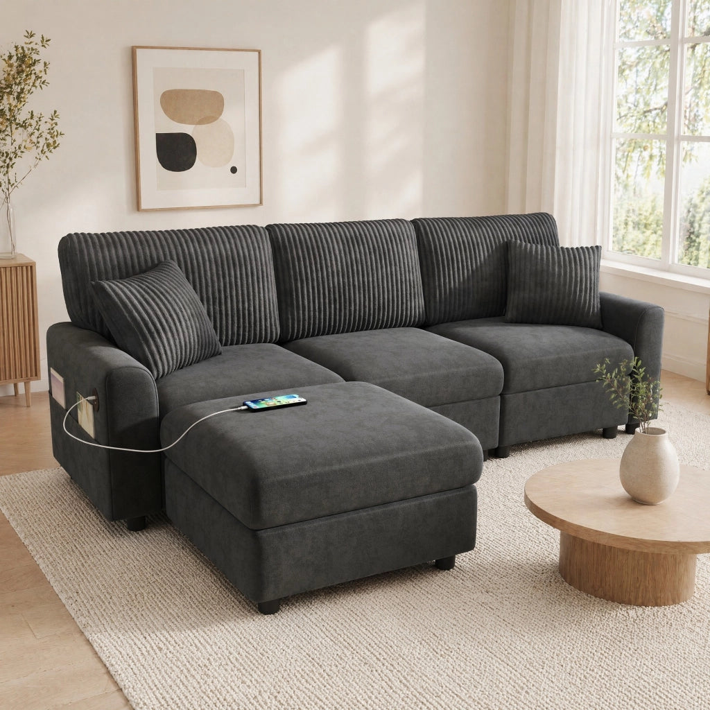 Divano con pouf; USB e Type-C; 223×146×84 cm; ciniglia e velluto a coste; grigio