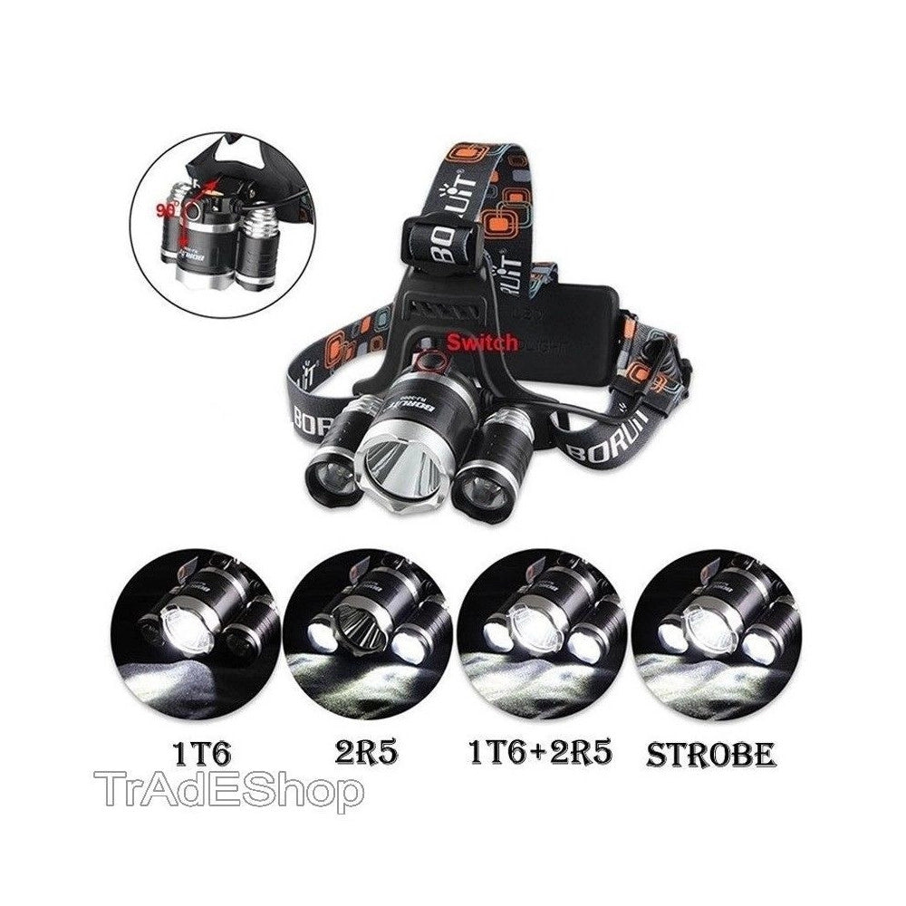 Trade Shop - Lampada Torcia Frontale Led Ricaricabile 3 Led Cree T6 R5 Rj3000 5000 Lumen -