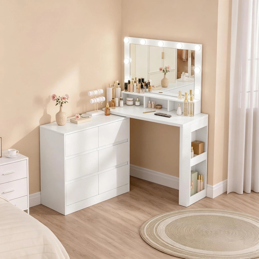 Toeletta con specchio LED regolabile; 6 cassetti e configurazione lineare o a L bianca 90 ¡Á 134.5 ¡Á 40 cm