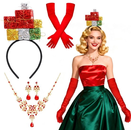Accessori di costume da Natale 4 pezzi - Cintura decorativa - Collana lucidata - Orecchini - Guanti rossi lunghi - Ideali per Feste e Cosplay - Accessori da Natale
