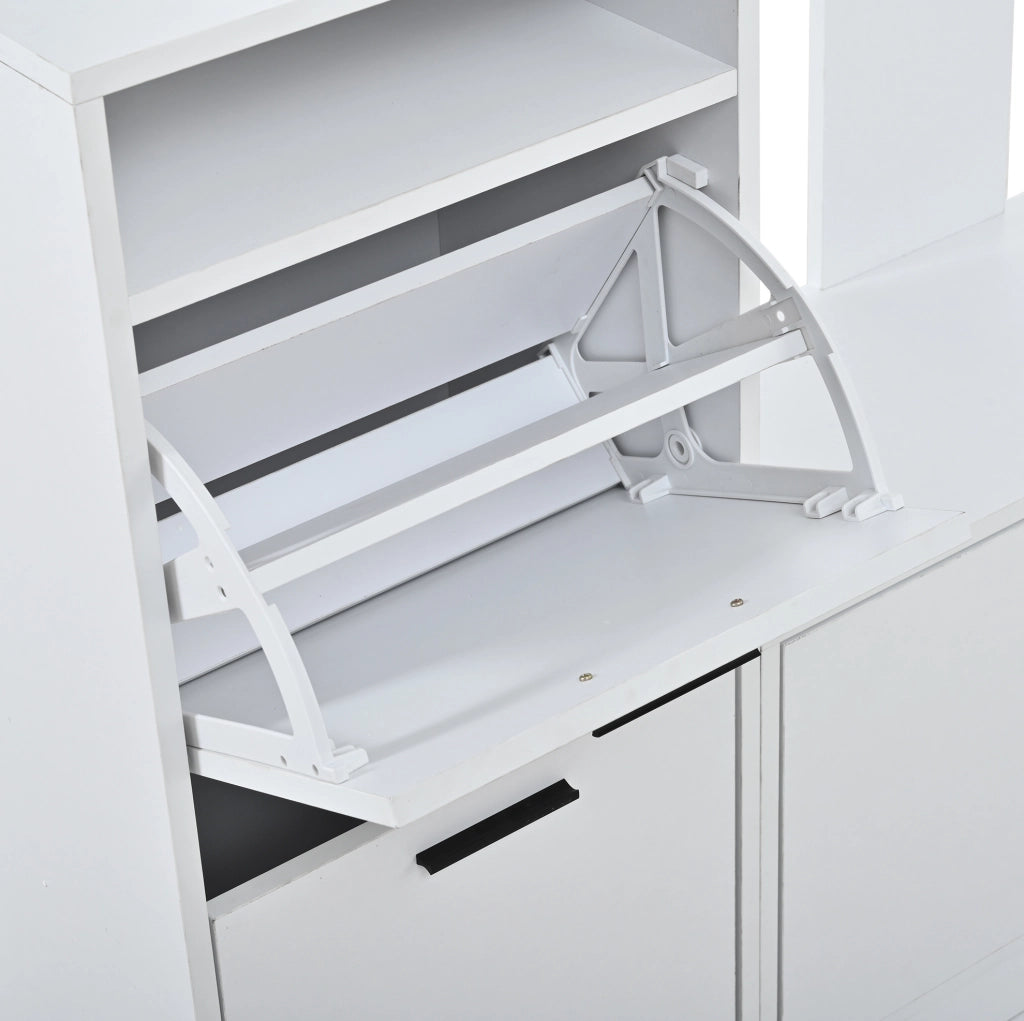 Armadio ingresso bianco con specchio, appendiabiti, scarpiera ribaltabile e seduta 120x30x180 cm in MDF
