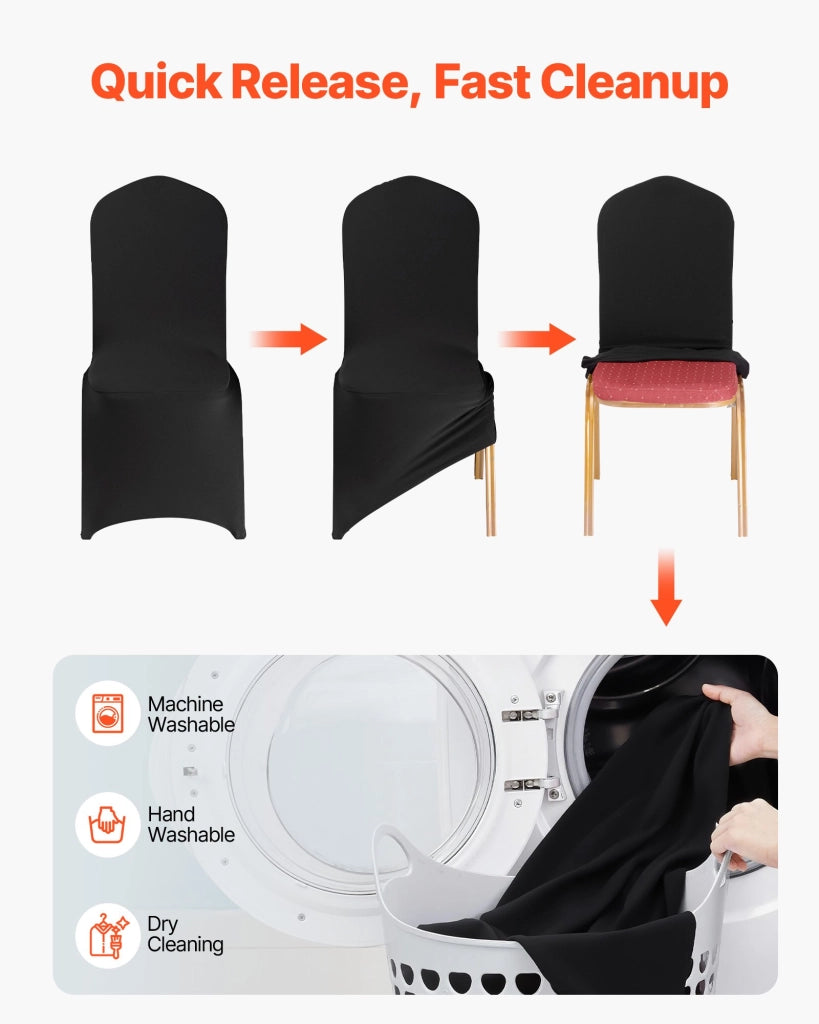 Set 150 Coprisedie Elasticizzati in Poliestere e Spandex, Nero, Rimovibili e Lavabili per Banchetti ed Eventi, 51 x 45 x 95 cm