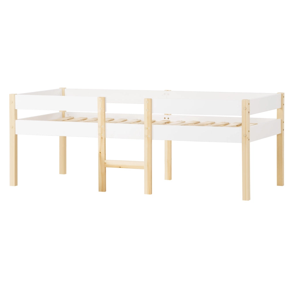 Letto con cassetti 90 × 190 cm semialto con scala e barriera anticaduta in legno bianco con rete a doghe