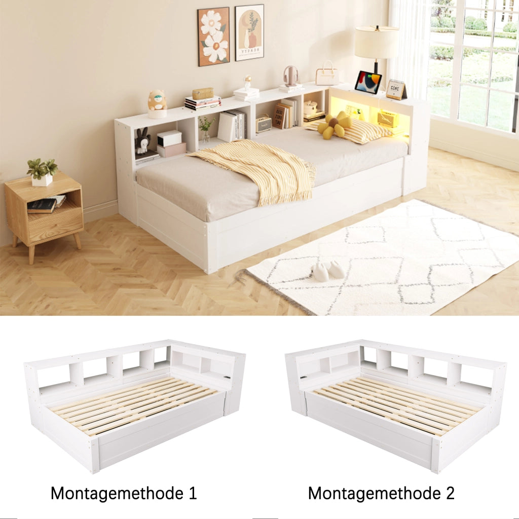 Letto singolo multifunzione 90 × 200 cm con vano contenitore legno bianco presa integrata e luce LED
