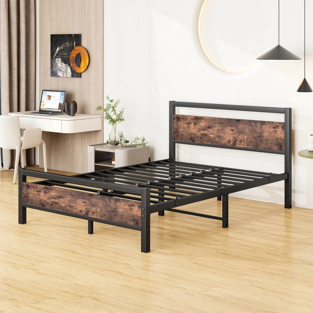 Letto 140x190 cm con rete a doghe in metallo e MDF marrone anticato con vano sottostante