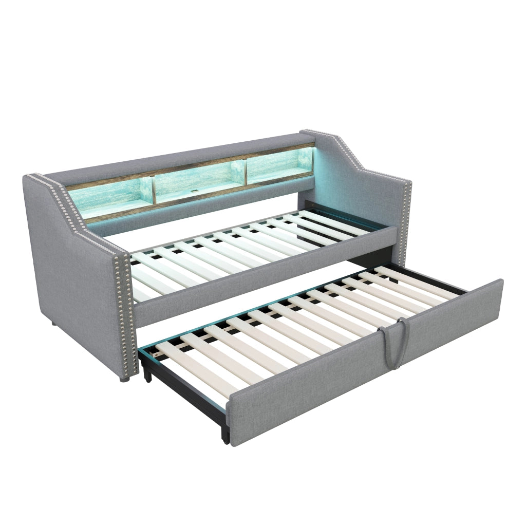 Letto estraibile matrimoniale 90×190 cm e 180×190 cm con LED; USB; ripiani e rete; senza materasso; grigio chiaro
