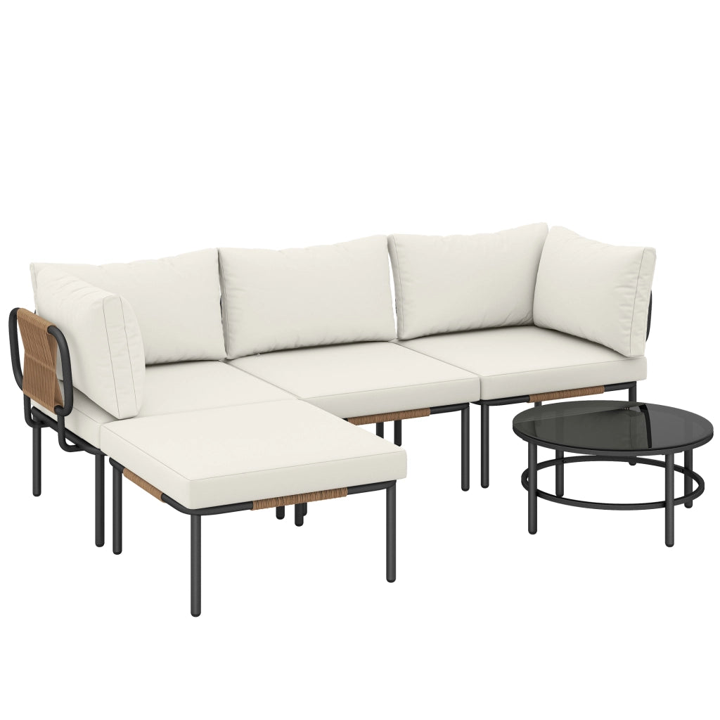 Set 5 Pezzi da Giardino Modulabile con Divano a L Tavolino e Cuscini in Rattan Cachi