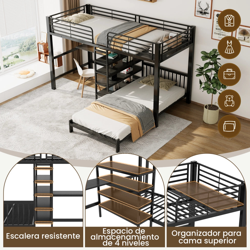 Letto a soppalco 90 × 200 cm con scrivania in metallo e MDF nero scale contenitore prese USB Type C EN747