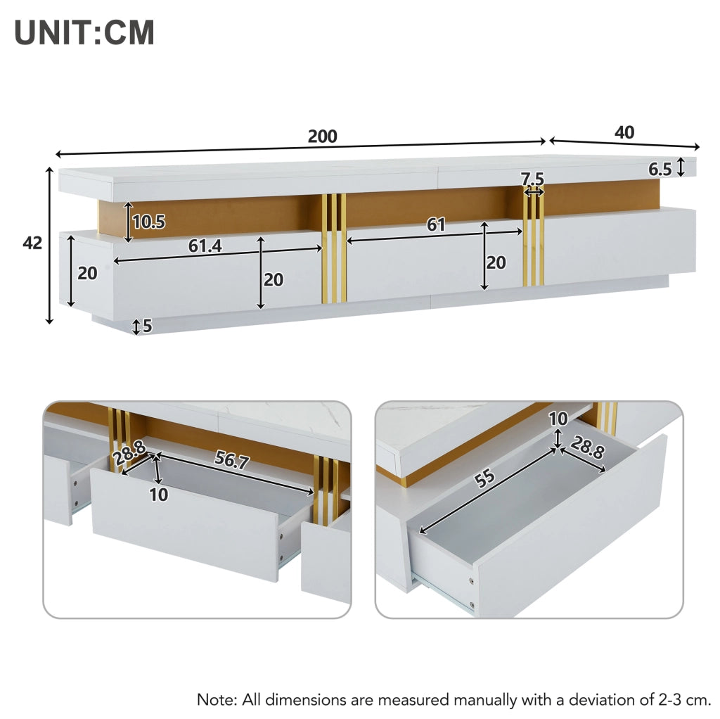 TV MOBILE TV 200 x 40 x 42 cm Bianco in Truciolare con 3 cassetti e foro passacavi