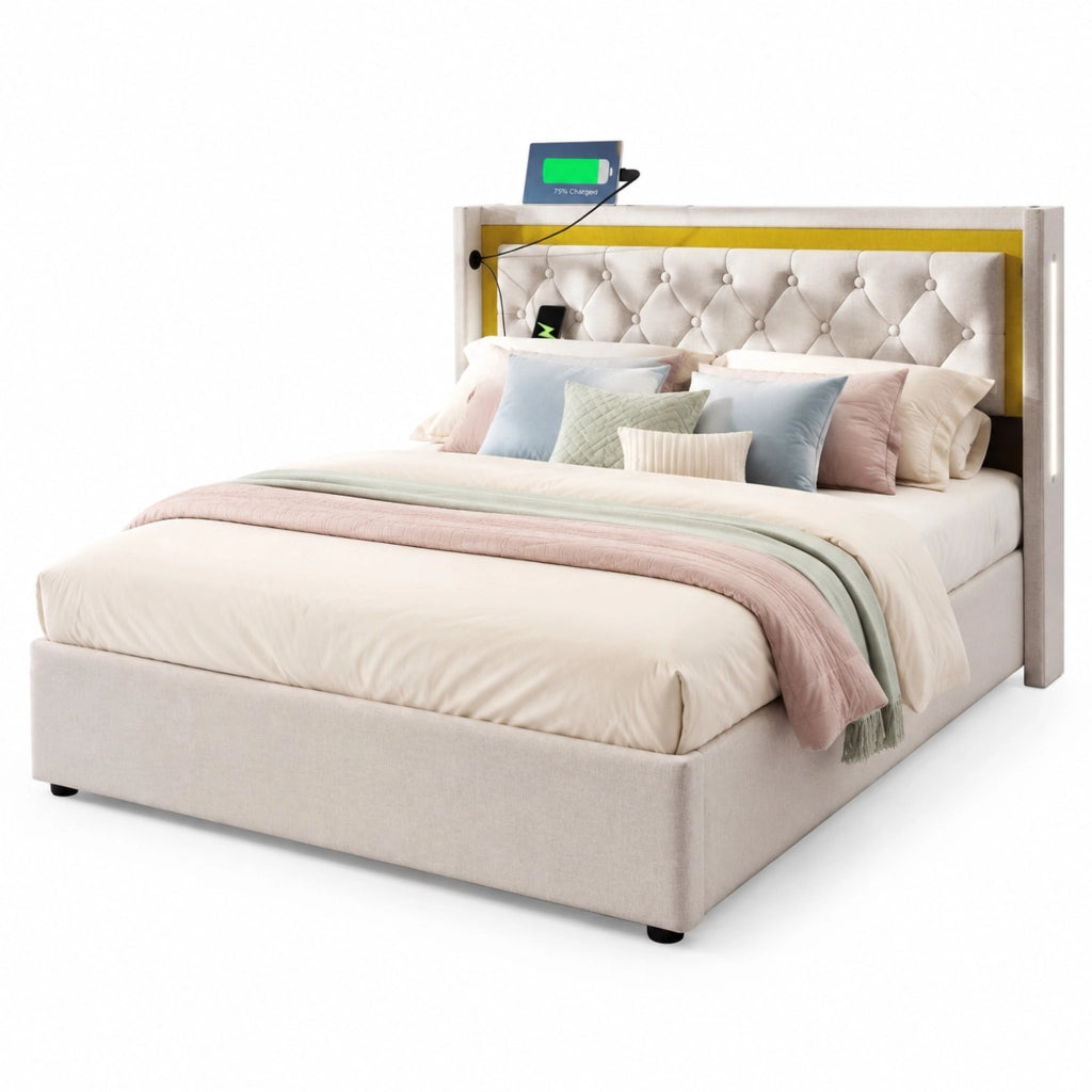 Letto contenitore 140x200 beige con LED, ricarica USB-C e rete a doghe