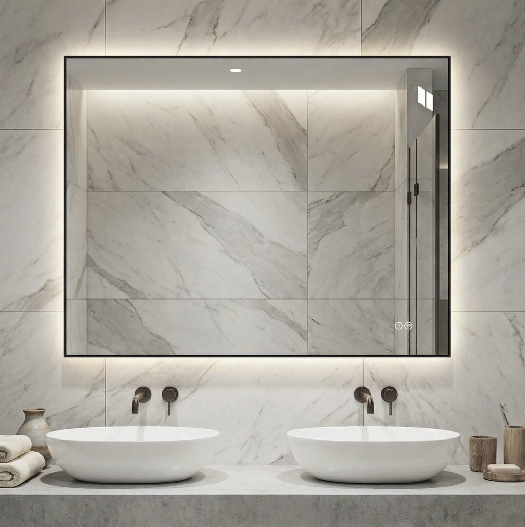 Specchio da bagno LED 70x90 cm con cornice in alluminio, retroilluminato, antifoschia, 3 tonalità di luce e dimmer regolabile, specchio argento senza rame 5 mm