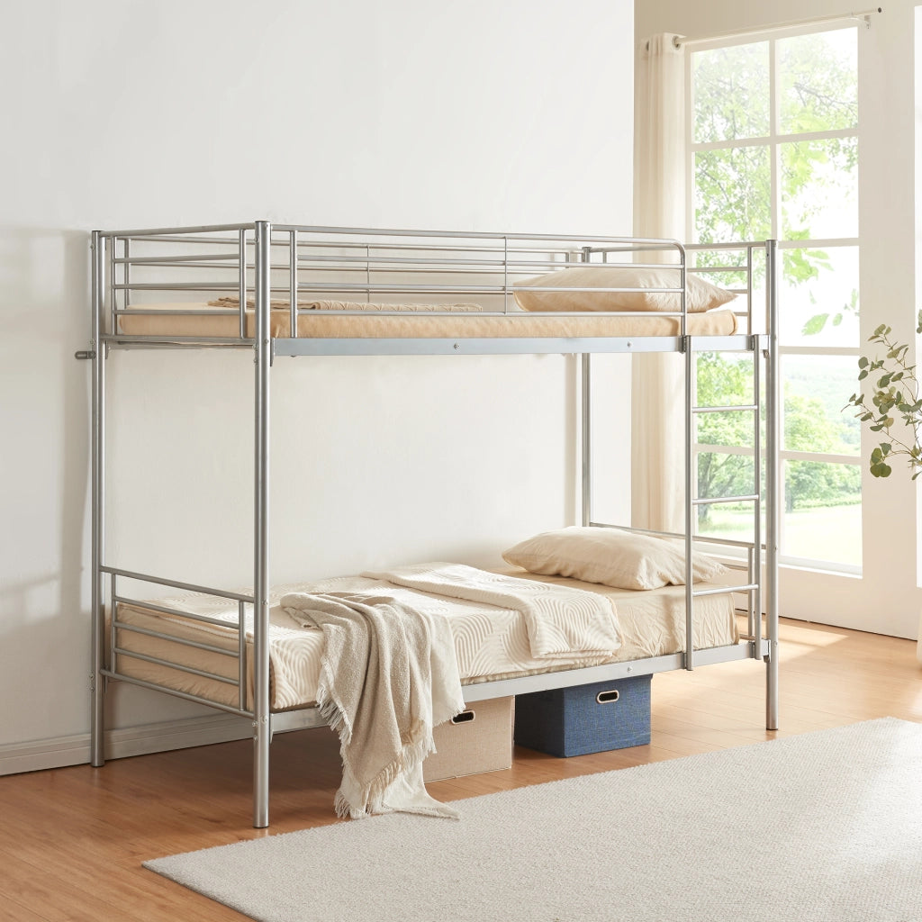 Letto a Castello Soppsar a 2 Posti con Barriera Anticaduta e Scaletta 200 x 90 cm - Argento [en.casa]