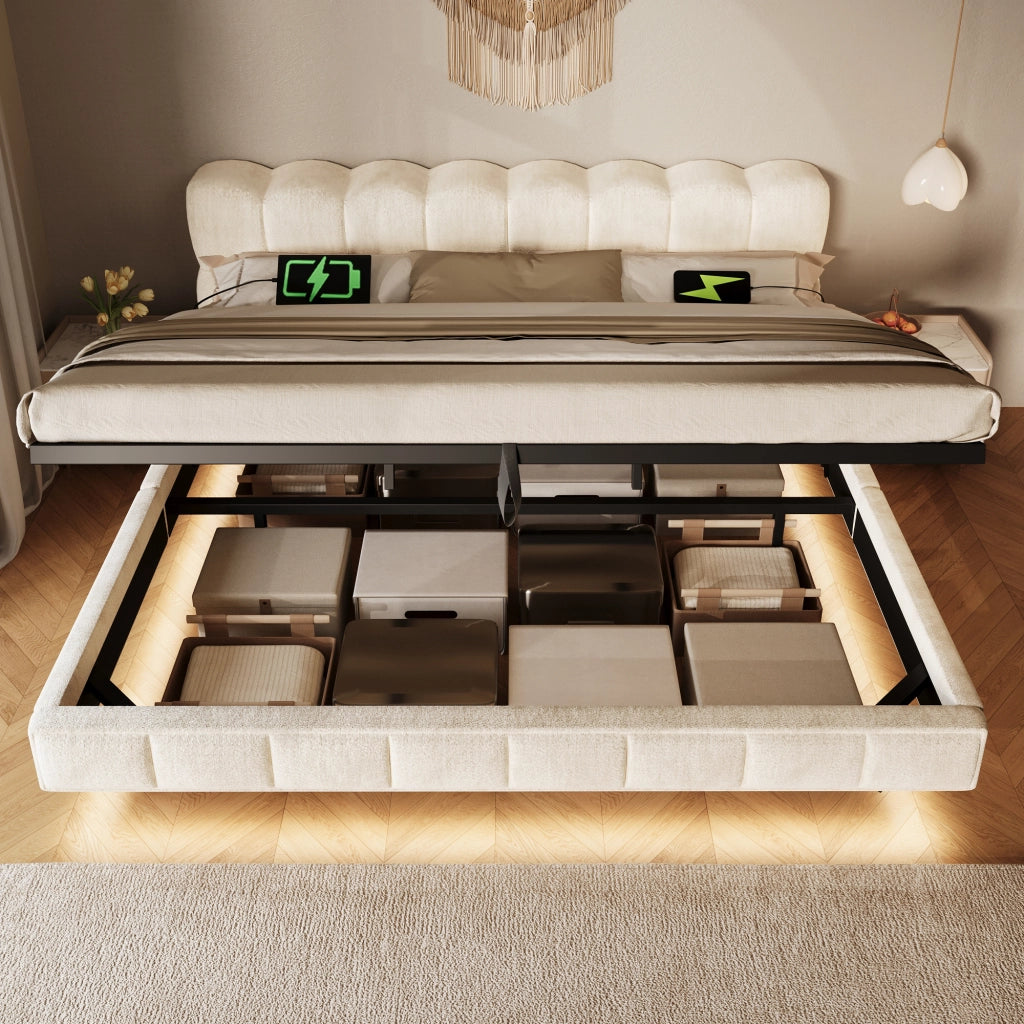 Desviae Letto matrimoniale 140 × 200 cm con contenitore LED e ricarica USB Tipo-C in chenille beige con rete a doghe