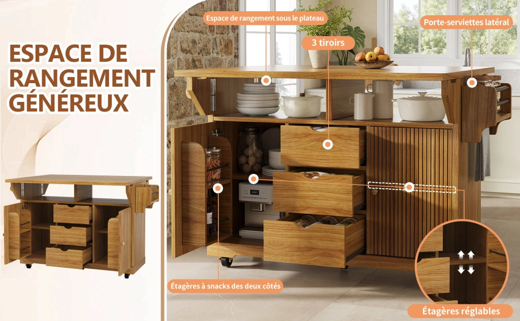 Isola cucina mobile con piano di lavoro 142,5 x 80 x 95 cm in MDF e metallo, marrone scuro