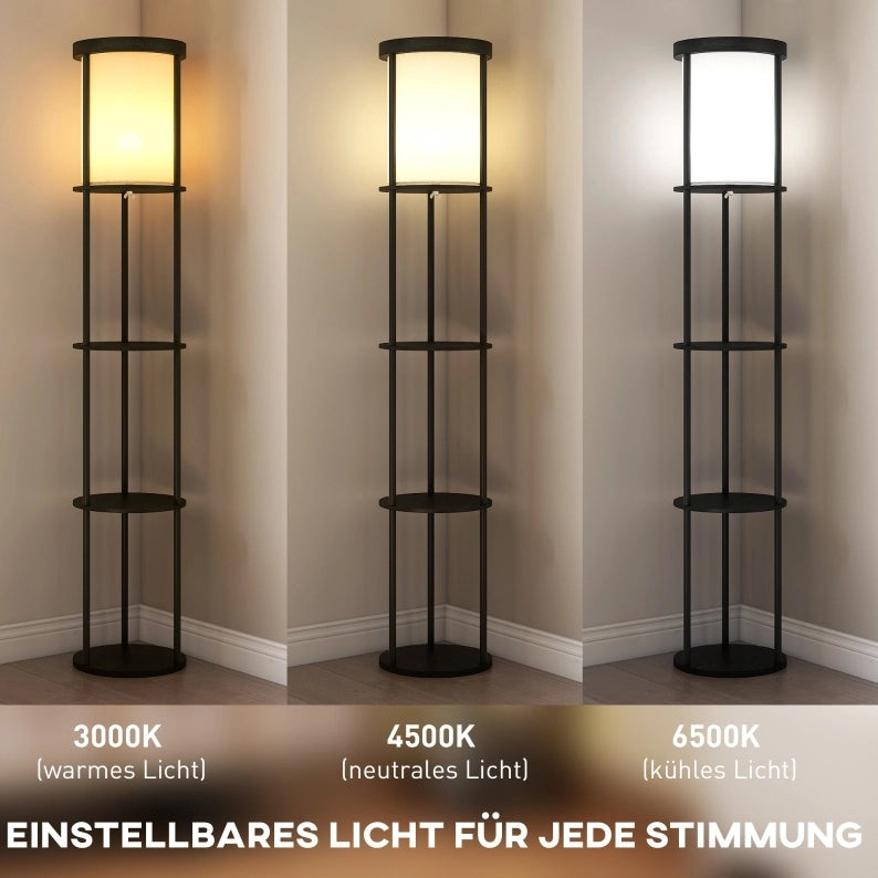 Lampada da Terra con 3 Ripiani, Design Rotondo, Telecomando, Interruttore a Pedale, Luce Regolabile, Colore Nero